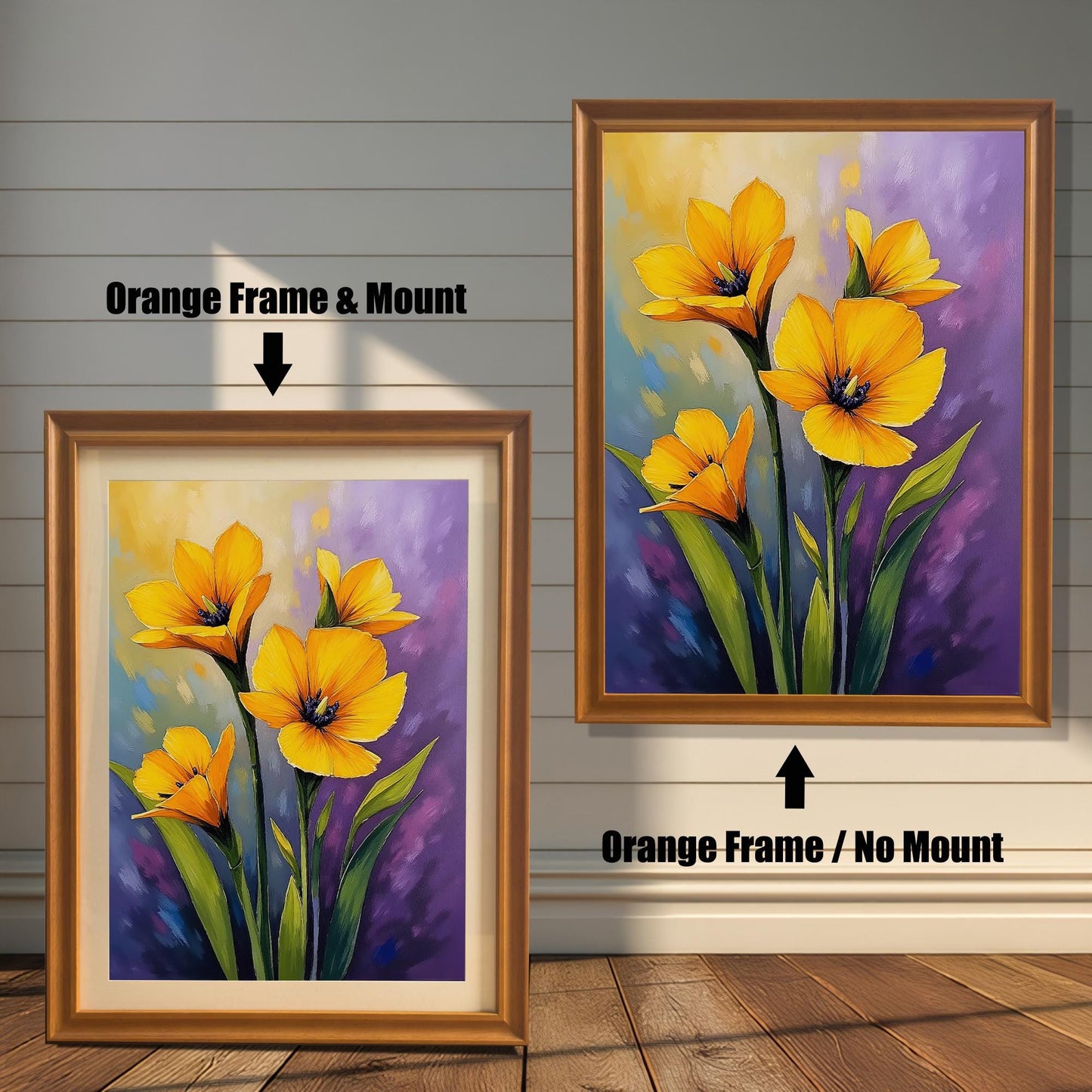 A side-by-side comparison of a floral print. On the left, the print is in an orange frame with a mount. On the right, it's in an orange frame without a mount.