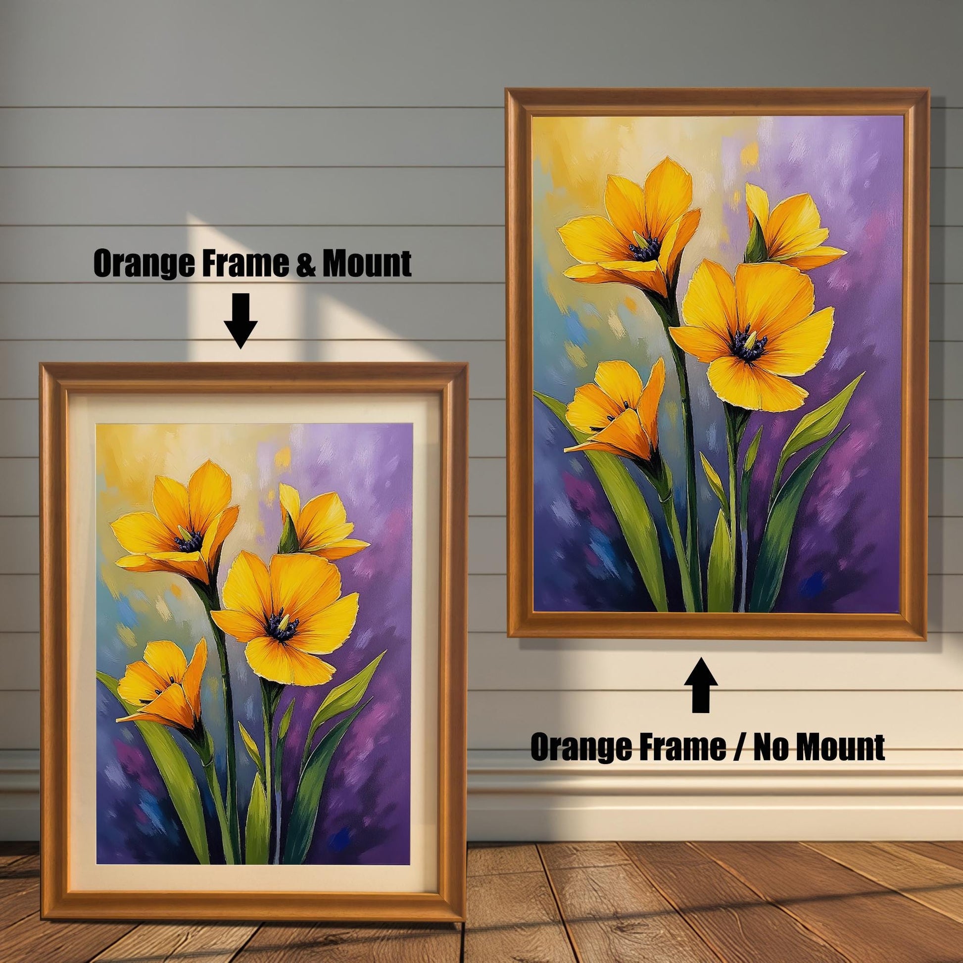 A side-by-side comparison of a floral print. On the left, the print is in an orange frame with a mount. On the right, it's in an orange frame without a mount.