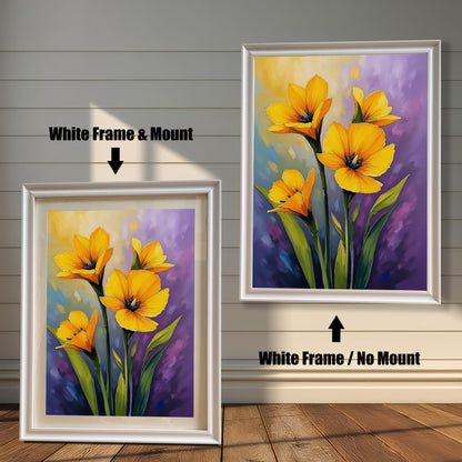 A side-by-side comparison of a floral print. On the left, the print is in a white frame with a mount. On the right, it's in a white frame without a mount.