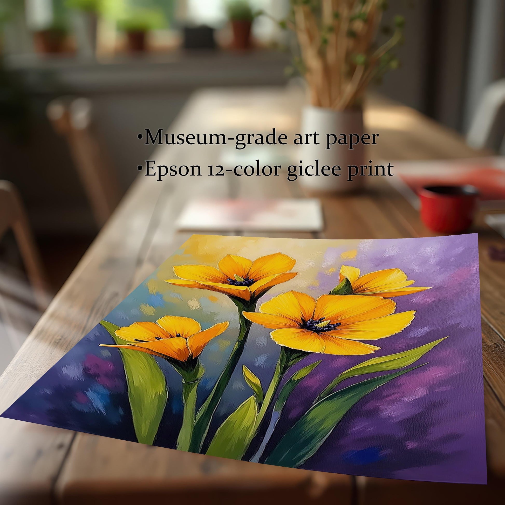 A close-up shot of the floral print lying on a wooden table, with text overlay describing it as a museum-grade art paper and an Epson 12-color giclee print.