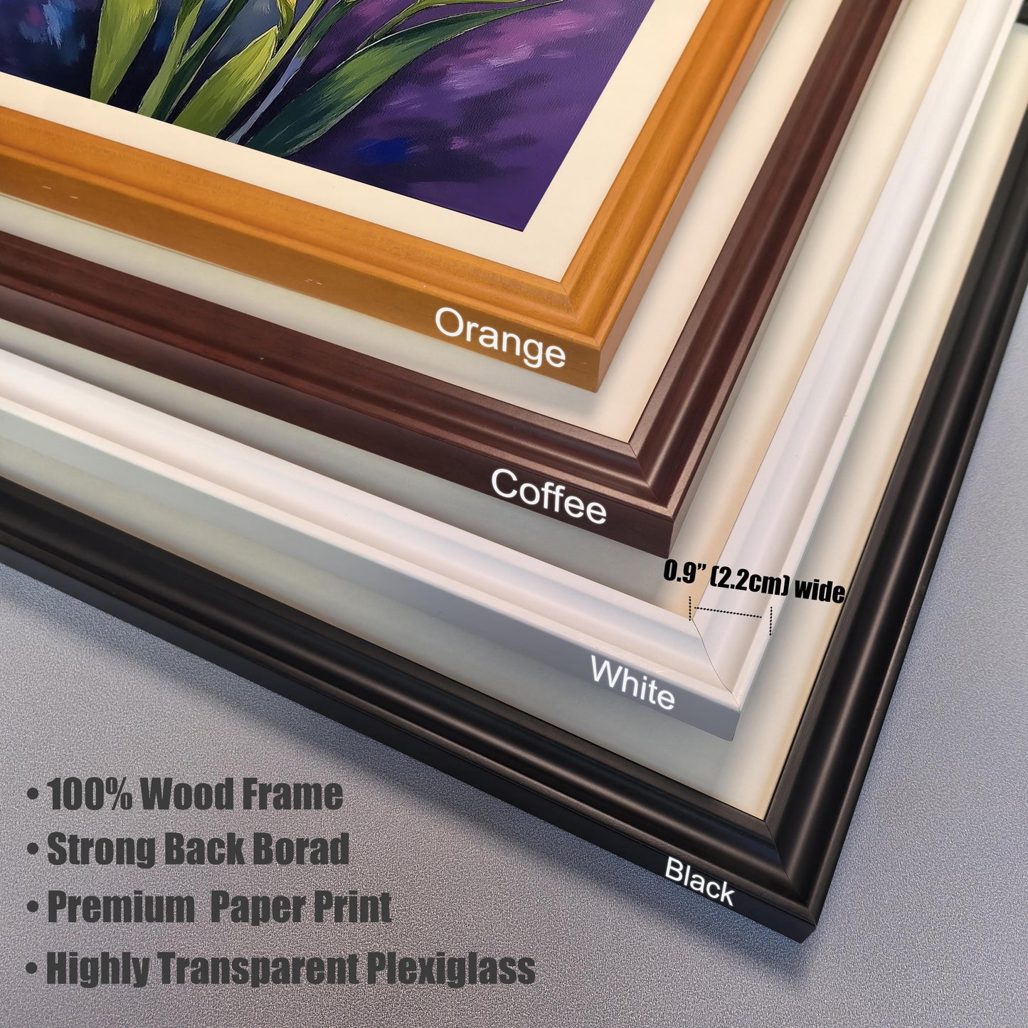 A close-up, stacked view of the different frame colors available: orange, coffee, white, and black. Text highlights the frame width and material.