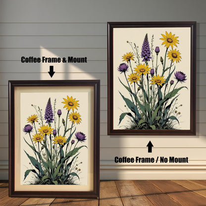 A side-by-side comparison of a floral print. On the left, the print is in a coffee-colored frame with a mount. On the right, it's in a coffee-colored frame without a mount.