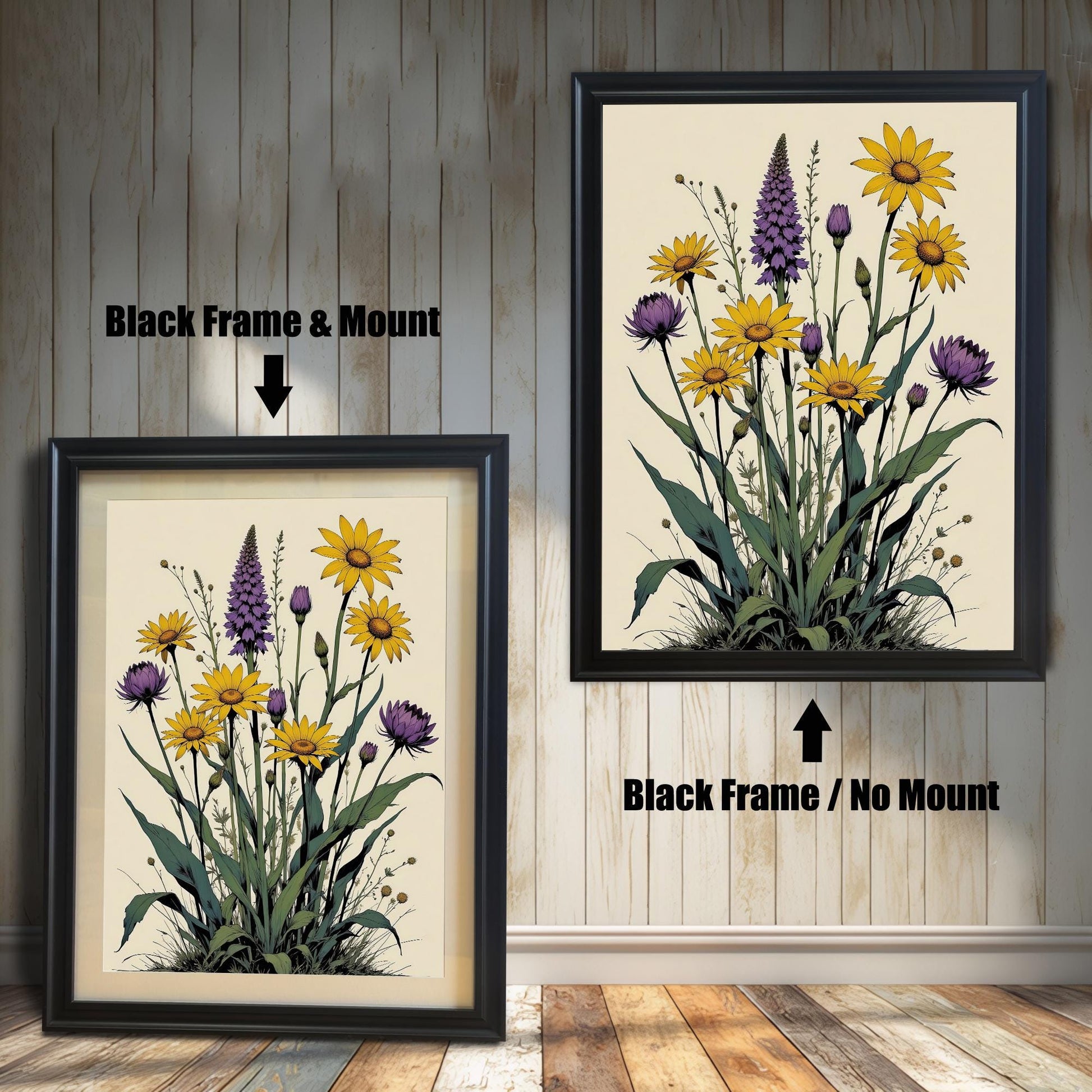 A side-by-side comparison of a floral print. On the left, the print is in a black frame with a mount. On the right, it's in a black frame without a mount.