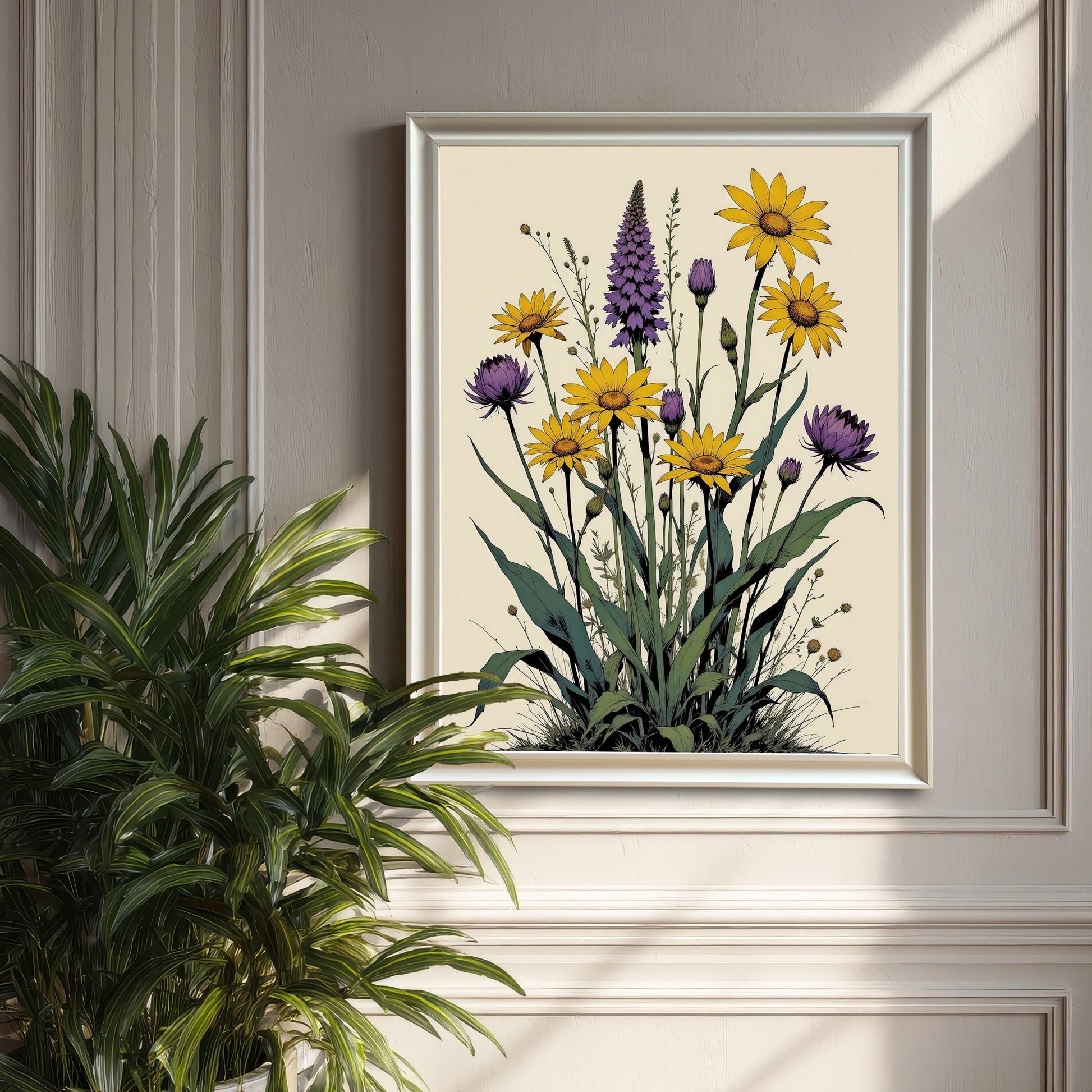 A white-framed print featuring a botanical illustration of yellow and purple flowers hangs on a beige wall with decorative trim.