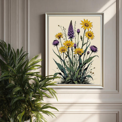 A white-framed print featuring a botanical illustration of yellow and purple flowers hangs on a beige wall with decorative trim.