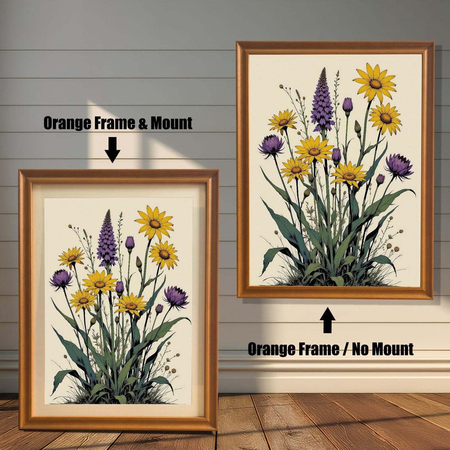 A side-by-side comparison of a floral print. On the left, the print is in an orange frame with a mount. On the right, it's in an orange frame without a mount.