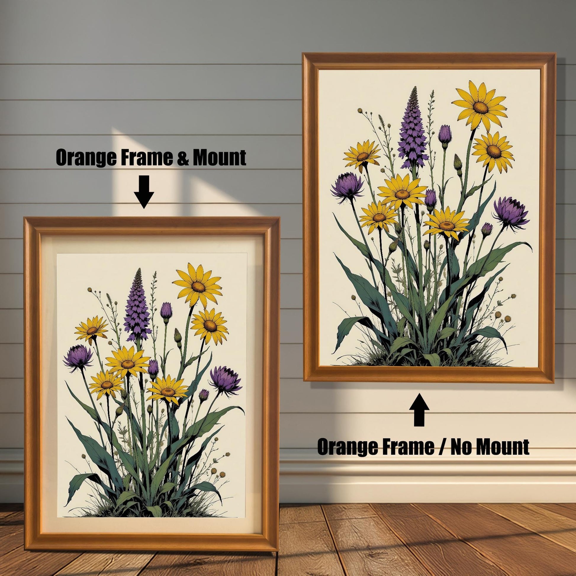 A side-by-side comparison of a floral print. On the left, the print is in an orange frame with a mount. On the right, it's in an orange frame without a mount.