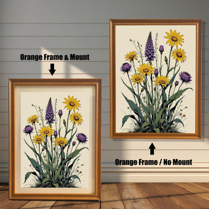 A side-by-side comparison of a floral print. On the left, the print is in an orange frame with a mount. On the right, it's in an orange frame without a mount.