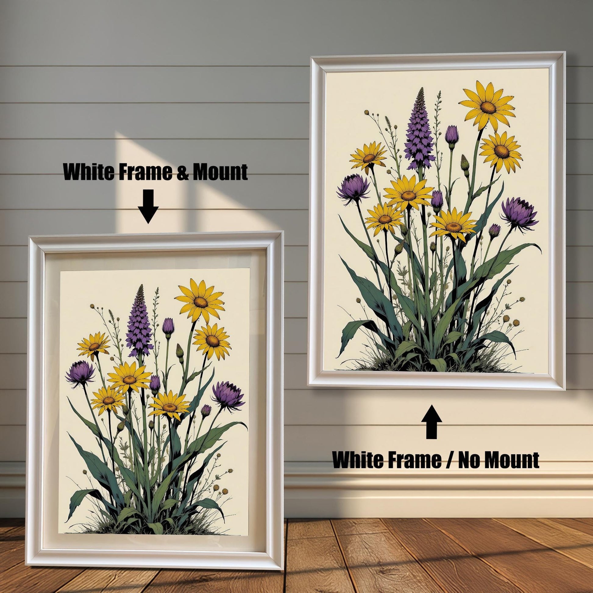 A side-by-side comparison of a floral print. On the left, the print is in a white frame with a mount. On the right, it's in a white frame without a mount.