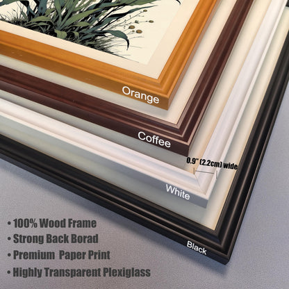 A close-up, stacked view of the different frame colors available: orange, coffee, white, and black. Text highlights the frame width and material.