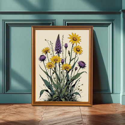 A framed print with an orange frame rests on a wooden floor against a teal-colored wainscoting wall, featuring a vibrant botanical illustration of yellow and purple flowers.