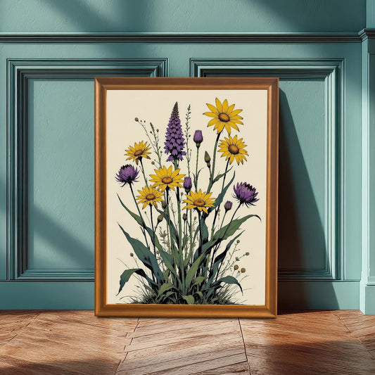 A framed print with an orange frame rests on a wooden floor against a teal-colored wainscoting wall, featuring a vibrant botanical illustration of yellow and purple flowers.