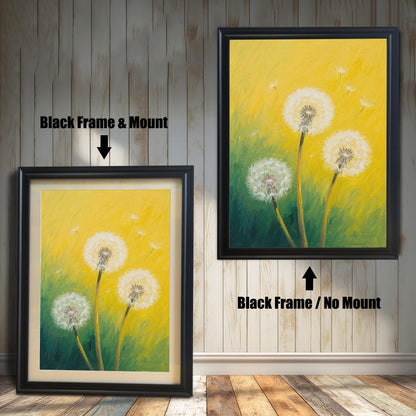 Two framed dandelion art prints on a wood paneled wall. One has a black frame and white mount, while the other is a black frame without a mount.