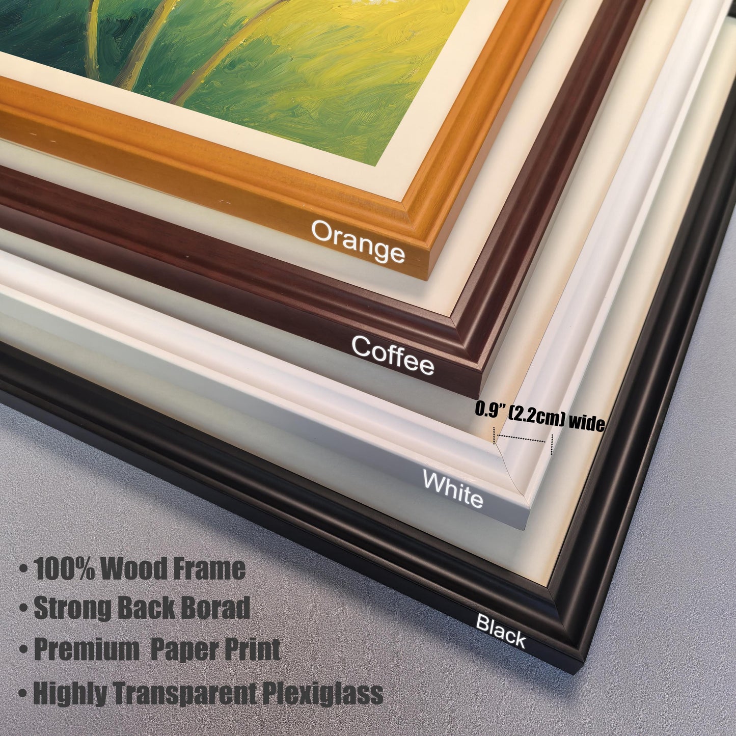 A close-up showing the corners of four different frames: orange, coffee, white, and black. Text lists frame materials and dimensions.