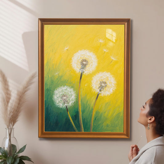Whimsical Dandelion Painting Print with Wood Frame Wall Decor