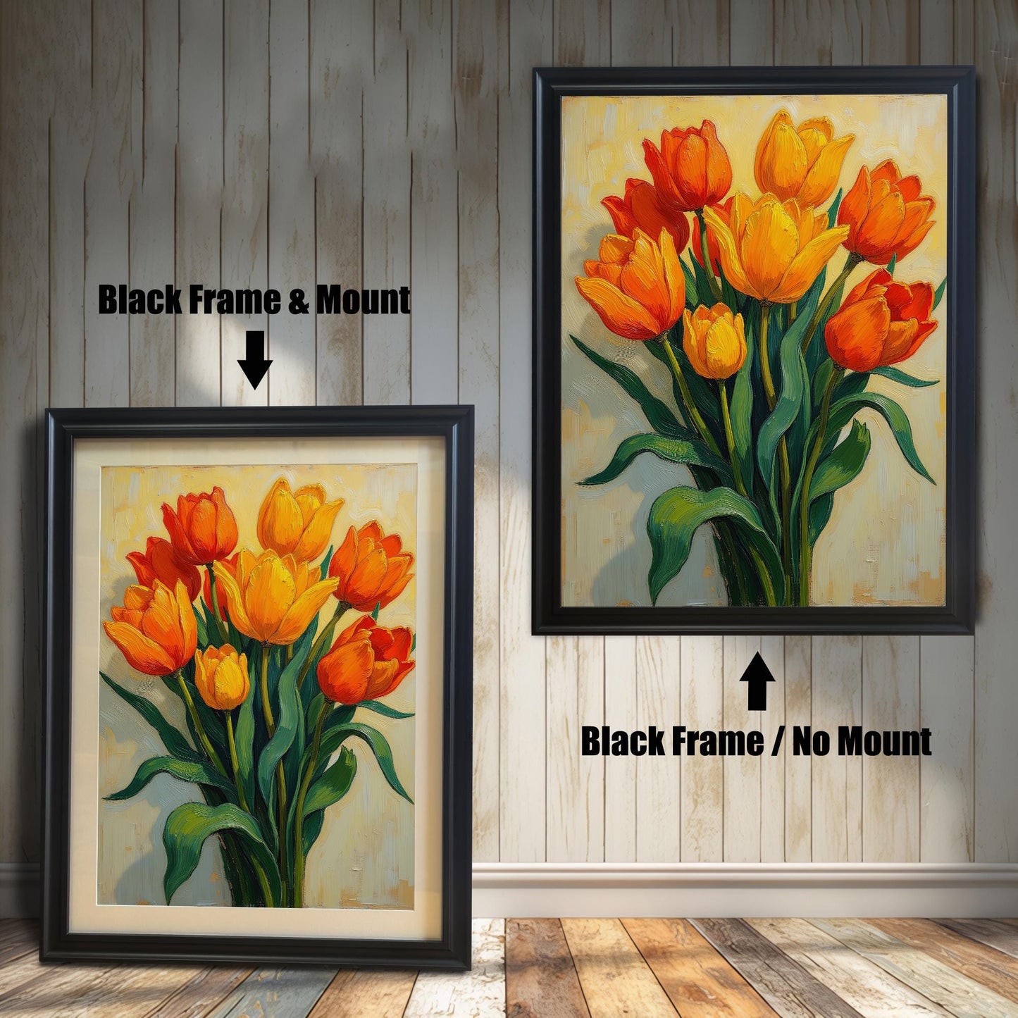 A painting of orange and yellow tulips, shown in two black frames. The one on the left has a light-colored mount, while the one on the right hangs on the wall without a mount.