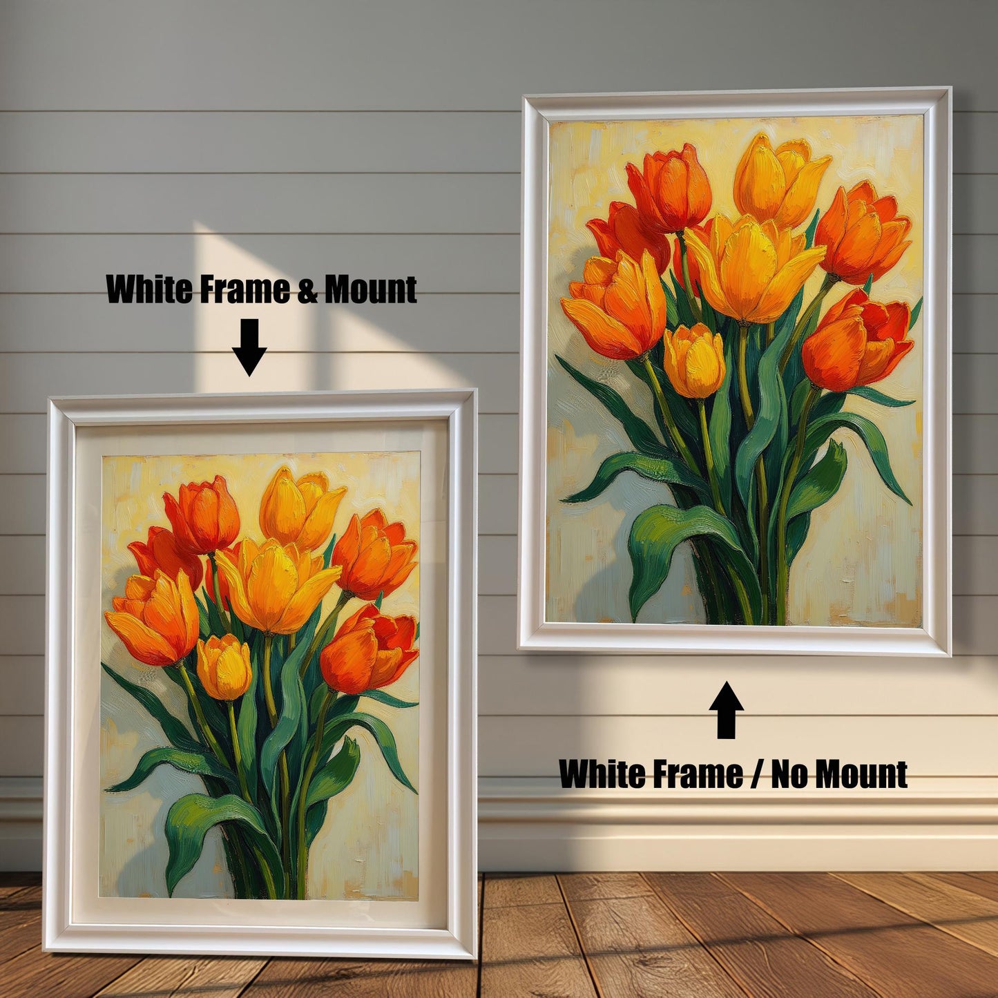 A painting of a bouquet of tulips, shown in two white frames. The first frame includes a mount, while the second shows the artwork without one.