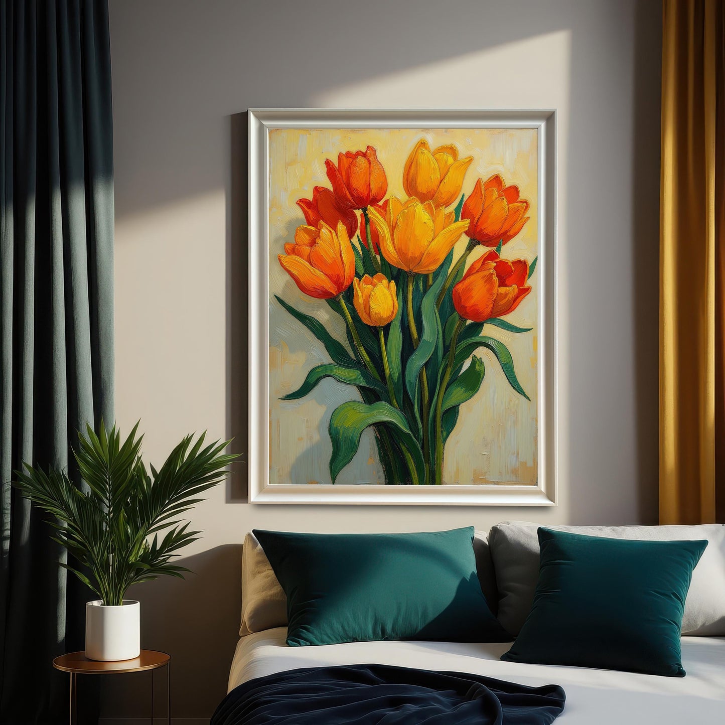A white-framed painting of orange and yellow tulips hanging on a wall above a bed with dark teal pillows. A plant is on a side table to the left.
