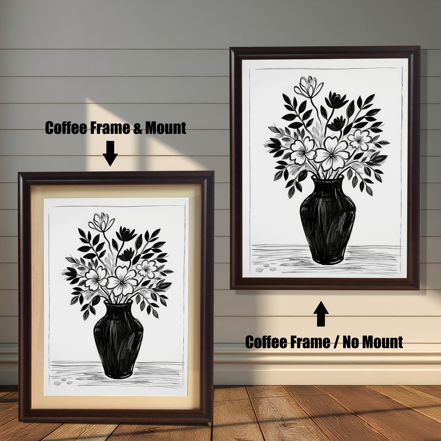 A black and white drawing of flowers in a vase, shown in two coffee-colored frames. The one on the left has a mount, and the one on the right hangs without a mount.