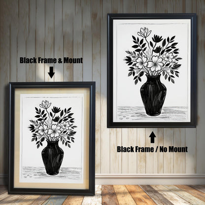 A black and white drawing of a bouquet of flowers, displayed in two black frames. The first frame includes a light-colored mount, and the second is a simple frame without one.