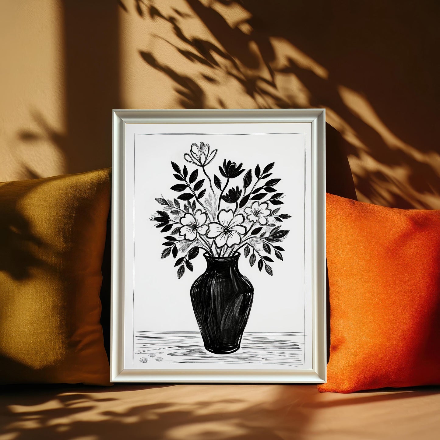 A white-framed drawing of flowers in a vase leaning against a yellow and an orange pillow. Sunlight casts a shadow from a plant on the wall.