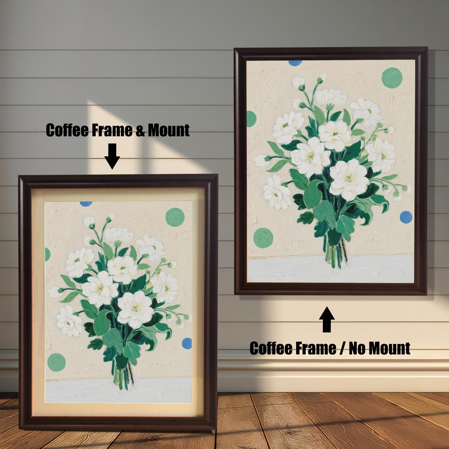A vibrant painting of white flowers, shown in two coffee-colored frames. The one on the left has a light-colored mount, while the one on the right hangs on the wall without a mount.