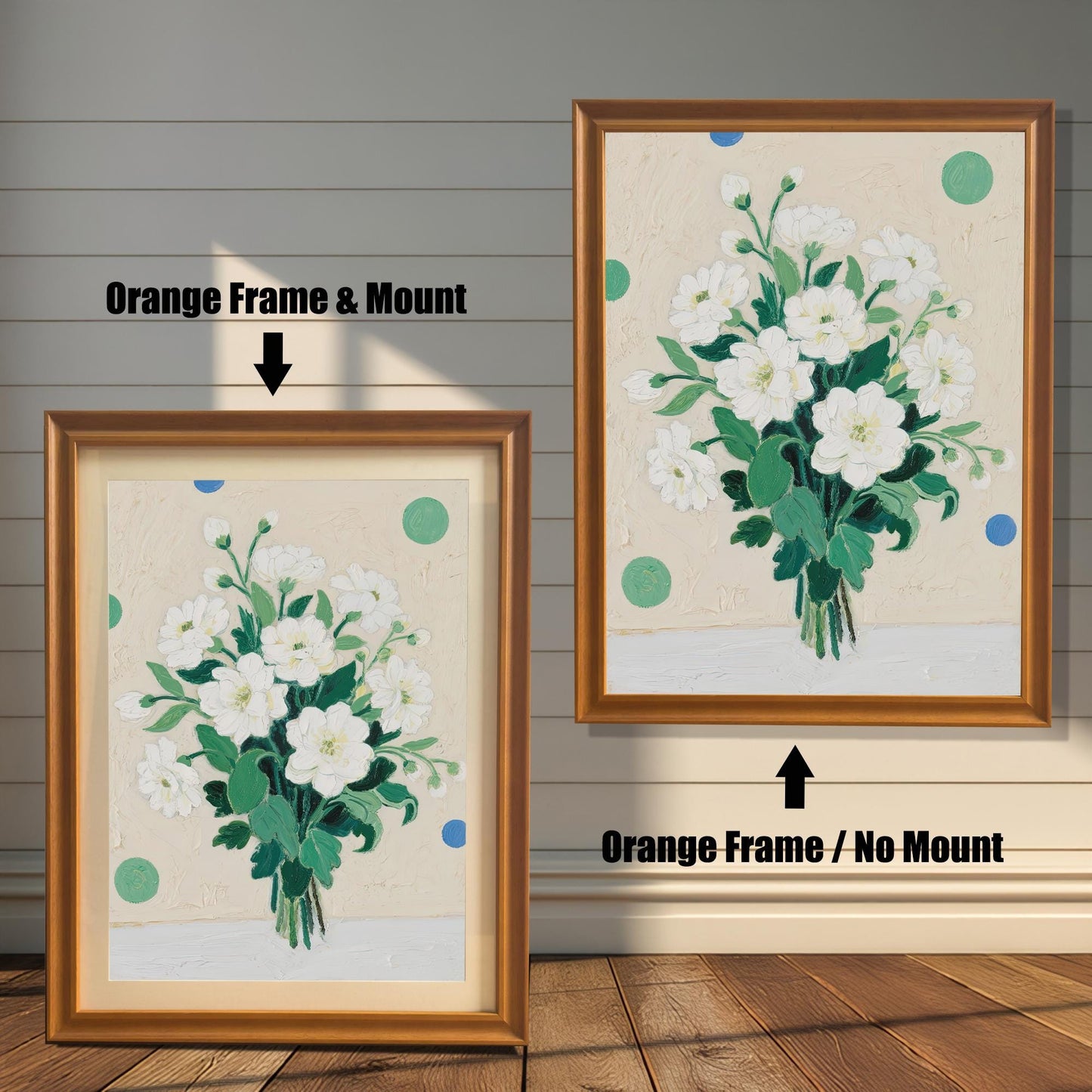 A painting of white flowers, shown in two orange-brown frames. The one on the left includes a light mount, while the one on the right shows the full artwork without a mount.