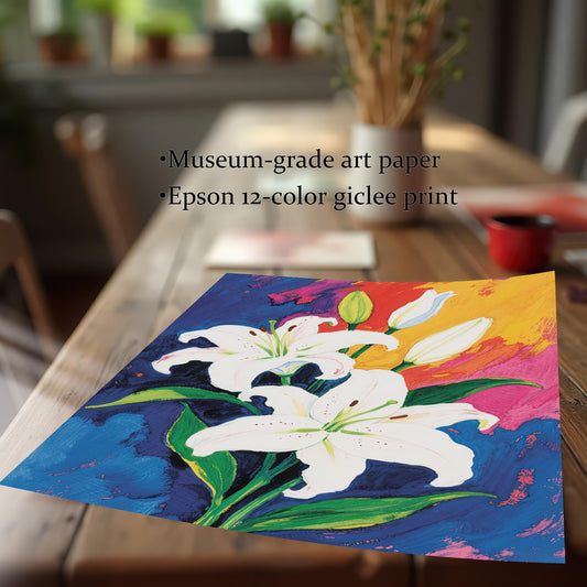 A close-up, angled shot of a lily painting lying on a wooden table. Text highlights its quality, noting it's on museum-grade art paper with an Epson 12-color giclee print.