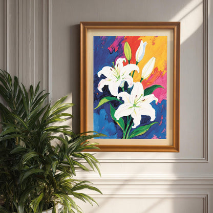 A close-up shot of a framed painting of white lilies on a colorful, abstract background, hanging on a gray paneled wall next to a green houseplant. The frame is a light, natural wood color.