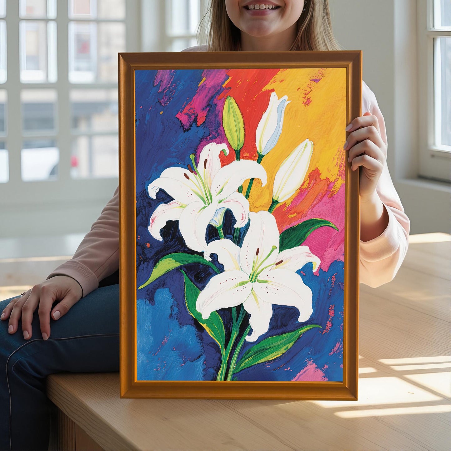 A person holds a framed painting of white lilies with a colorful background. The frame is a light, natural wood color, and the person is sitting in a sunlit room.