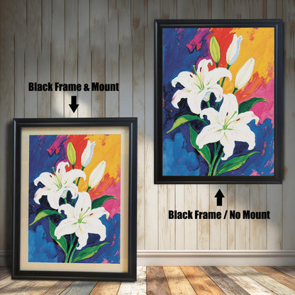 A close-up view of a painting featuring white lilies on a colorful background. The image shows two black frames: one with a light-colored mount, and one without.