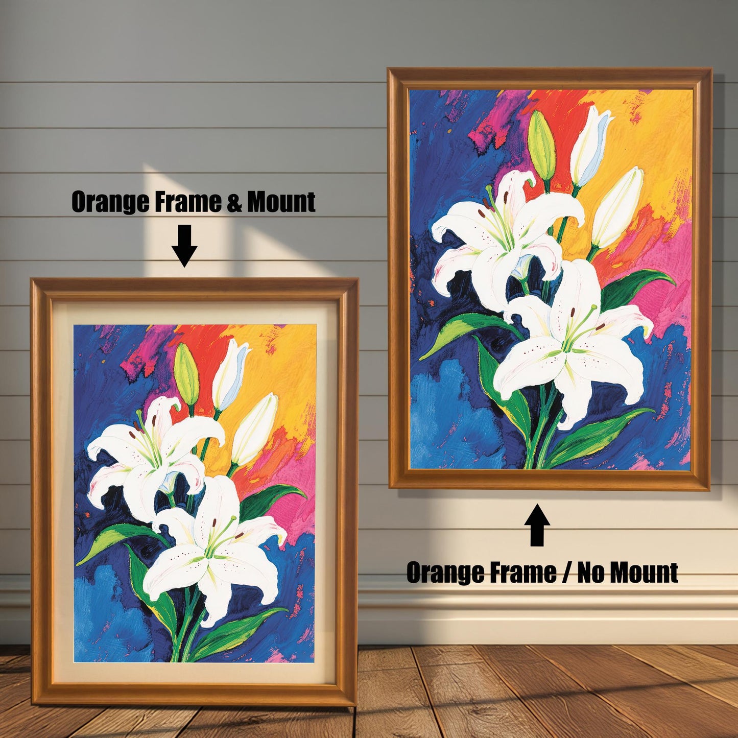 A bright, abstract painting of white lilies, shown in two formats: one framed with a mount and another without. Both frames are a light, orange-brown wood.