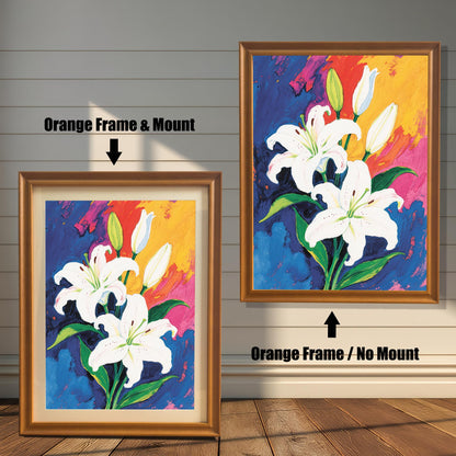 A bright, abstract painting of white lilies, shown in two formats: one framed with a mount and another without. Both frames are a light, orange-brown wood.