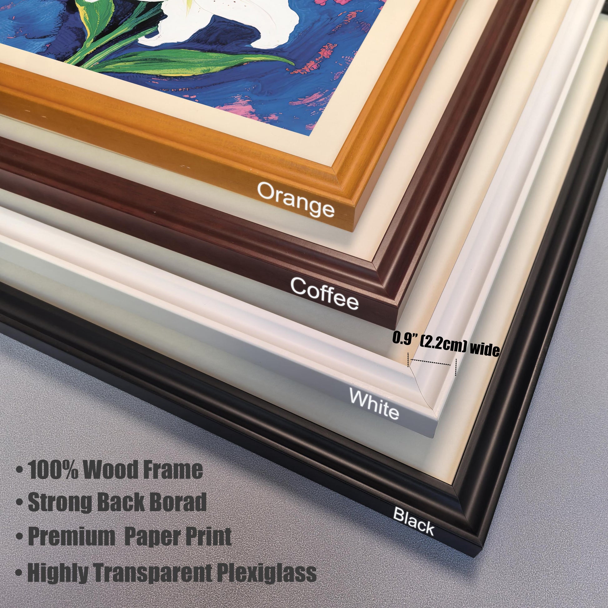 A collection of four frame corners, stacked to show different colors. They are labeled orange, coffee, white, and black. Text lists features like 100% wood and highly transparent plexiglass.