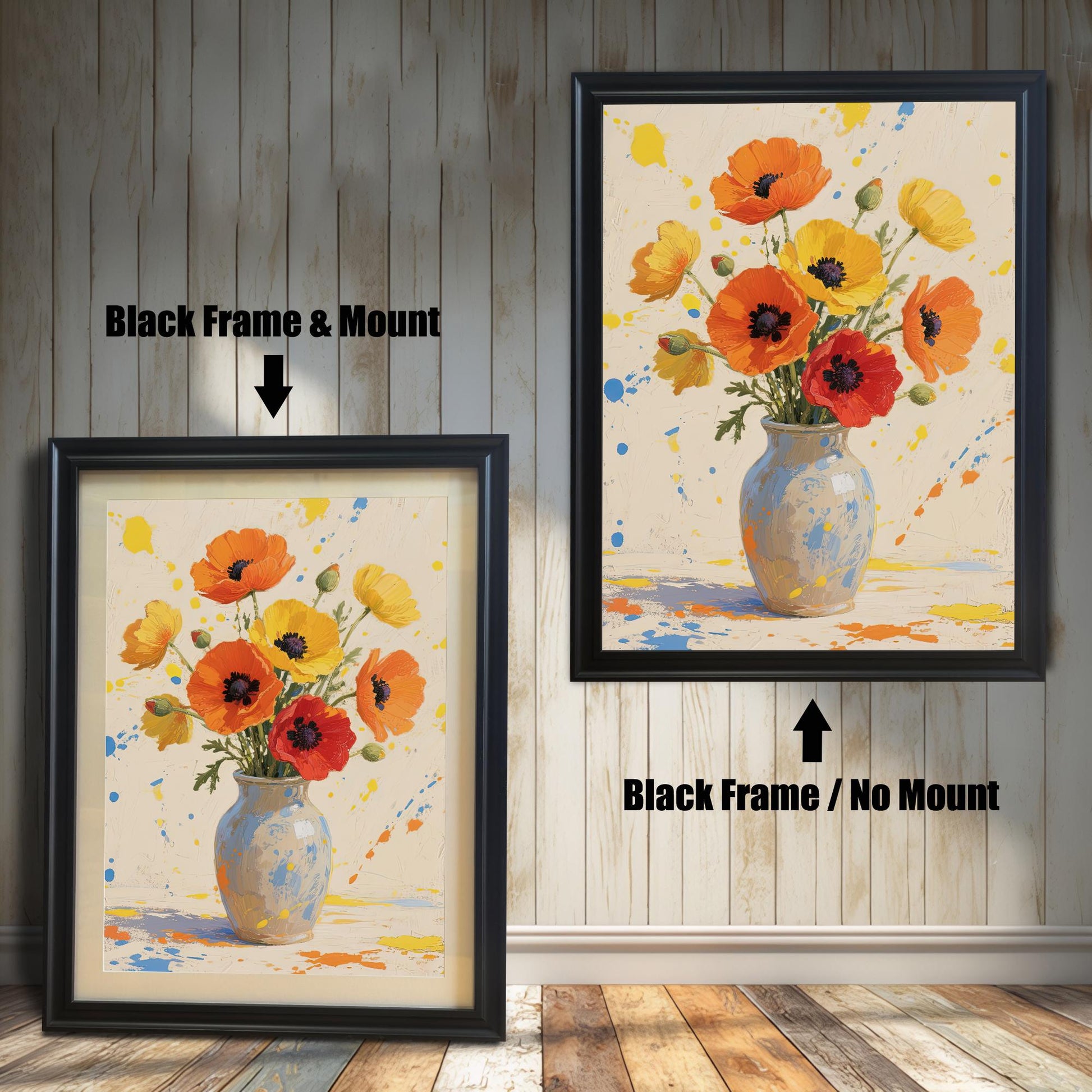 A side-by-side comparison of two framed flower prints. The one on the left has a black frame and a mat. The one on the right has a black frame with no mat.