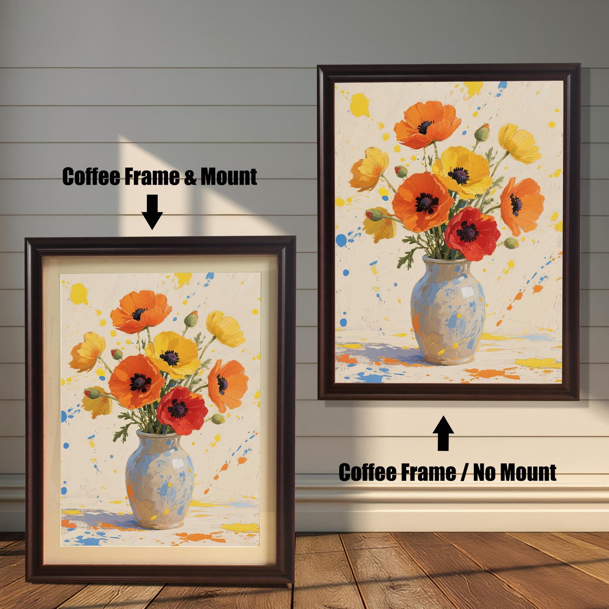 A side-by-side comparison of two framed flower prints. The one on the left has a coffee-colored frame and a mat. The one on the right has a coffee-colored frame with no mat.