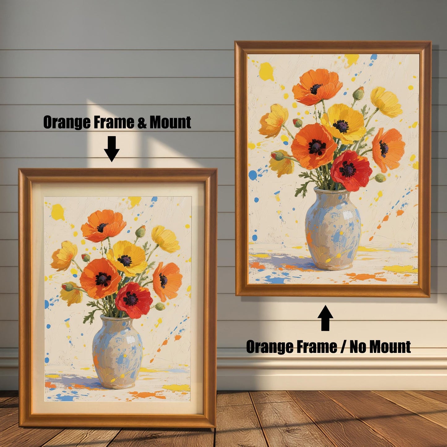 A side-by-side comparison of two framed flower prints. The one on the left has an orange-colored frame and a mat. The one on the right has an orange-colored frame with no mat.