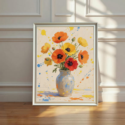 A framed, vertical print of a bouquet of orange and yellow flowers in a vase with paint splatters. It has a white frame and is leaning on a hardwood floor.