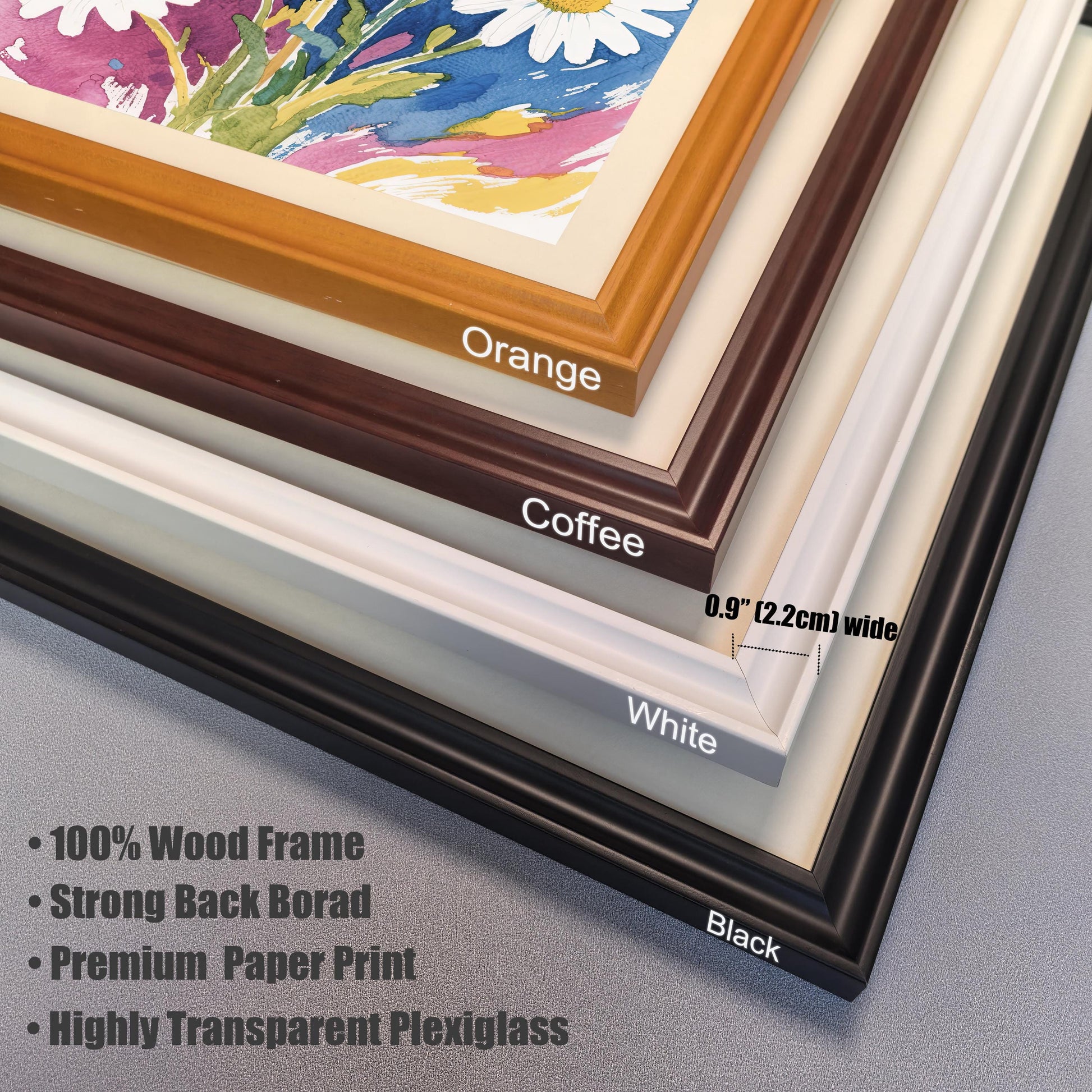 A close-up view of the four frame color options—Orange, Coffee, White, and Black—stacked on top of each other, with details on material and dimensions.