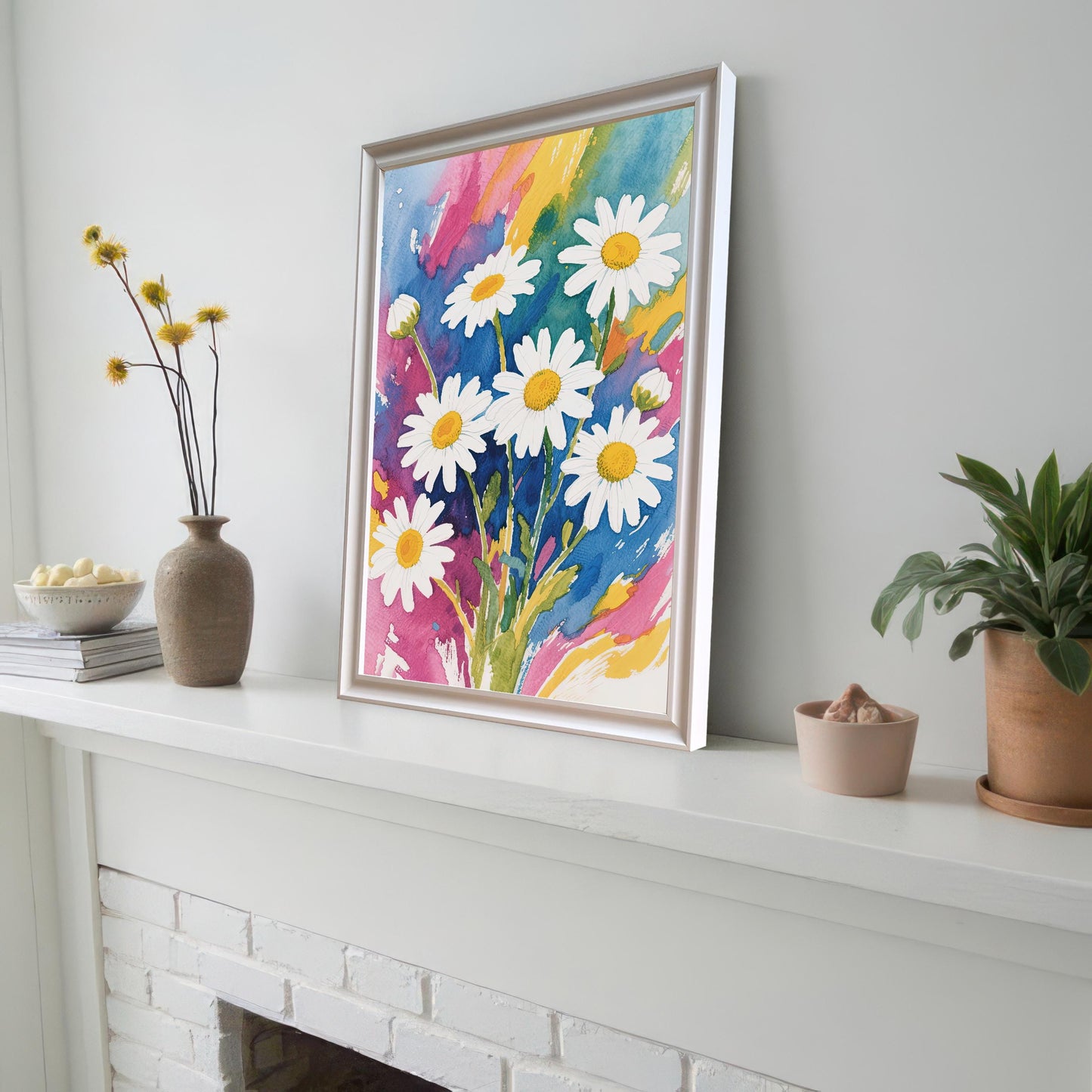 A framed watercolor print with a white frame propped on a white fireplace mantelpiece next to a couple of vases and a potted plant.