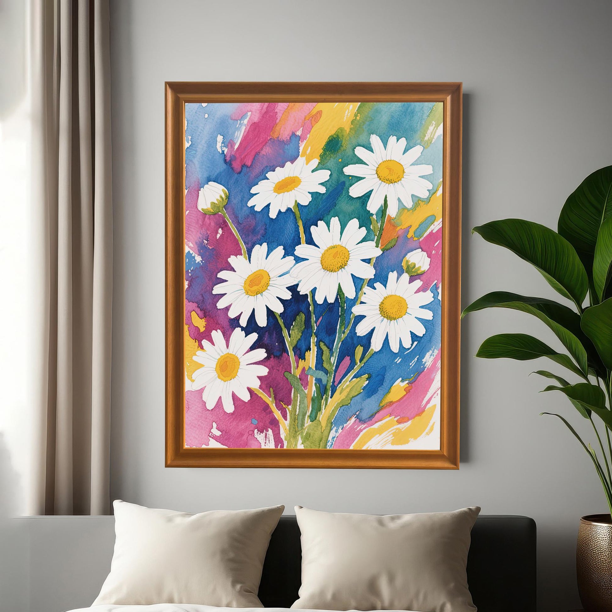 A framed, vertical watercolor print of white daisies with yellow centers and a vibrant, multicolored background. It has an orange-colored frame and is hanging on a gray wall.