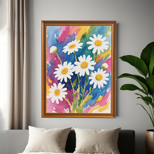A framed, vertical watercolor print of white daisies with yellow centers and a vibrant, multicolored background. It has an orange-colored frame and is hanging on a gray wall.