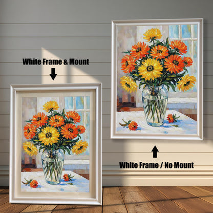 A side-by-side comparison of two framed flower prints. The one on the left has a white frame and a mat. The one on the right has a white frame with no mat.