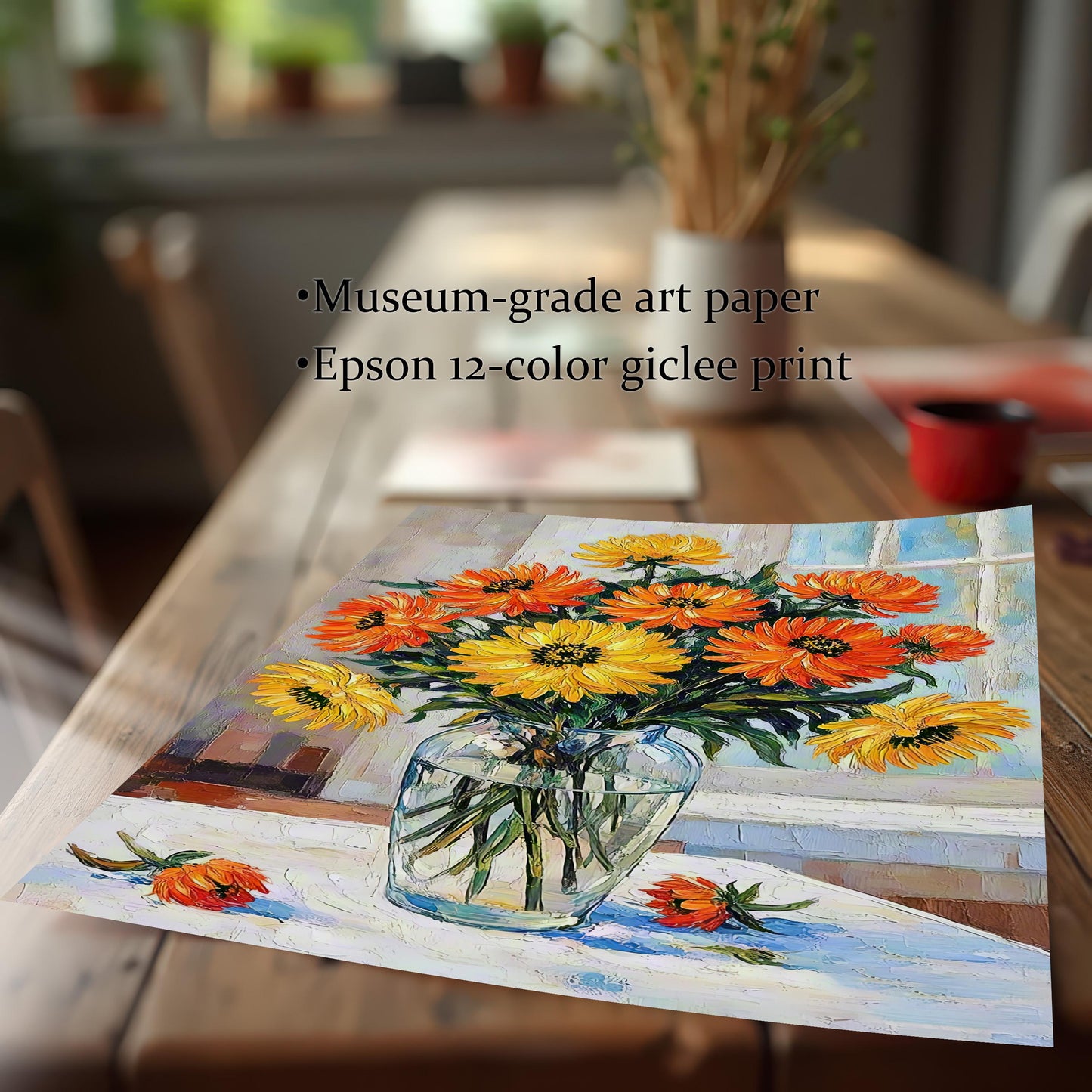 A close-up, angled view of an unframed print of orange and yellow flowers lying on a wooden table, highlighting its museum-grade art paper and giclee printing.
