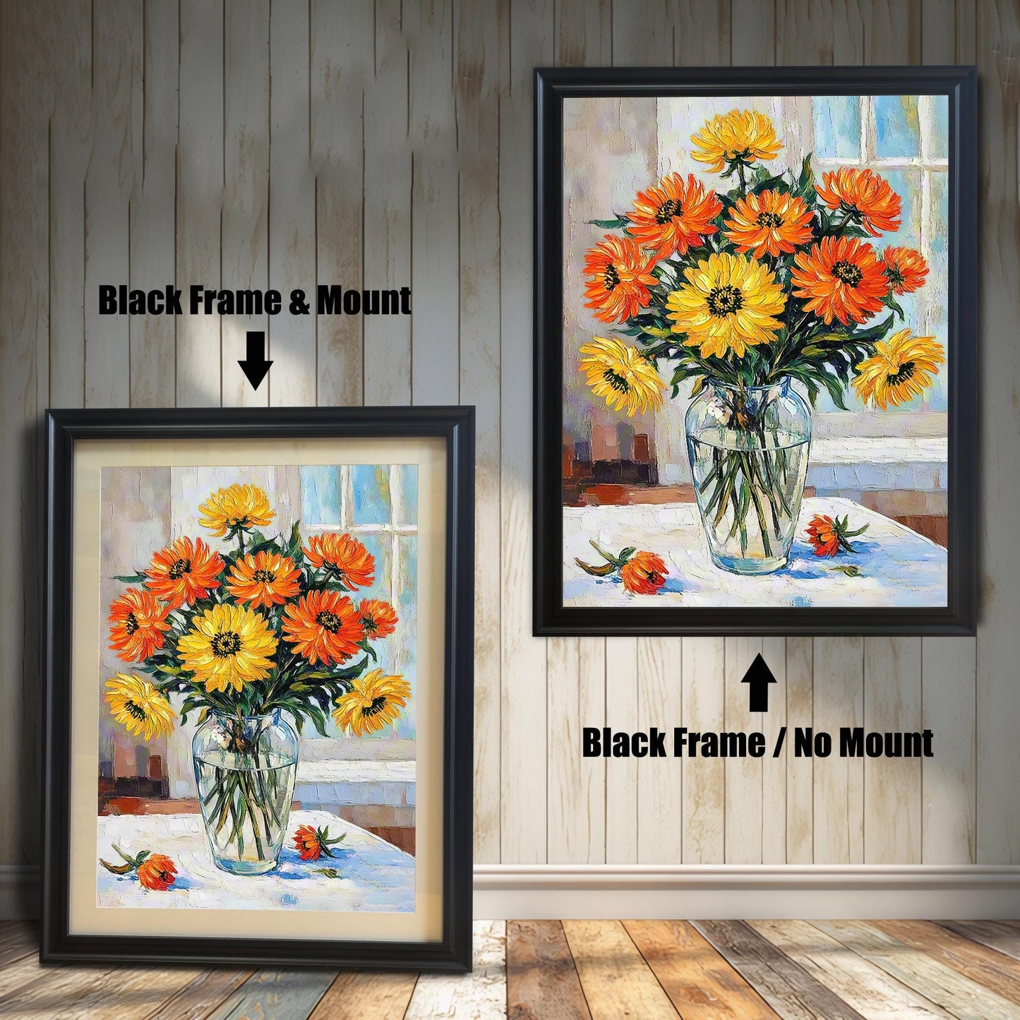 A side-by-side comparison of two framed flower prints. The one on the left has a black frame and a mat. The one on the right has a black frame with no mat.