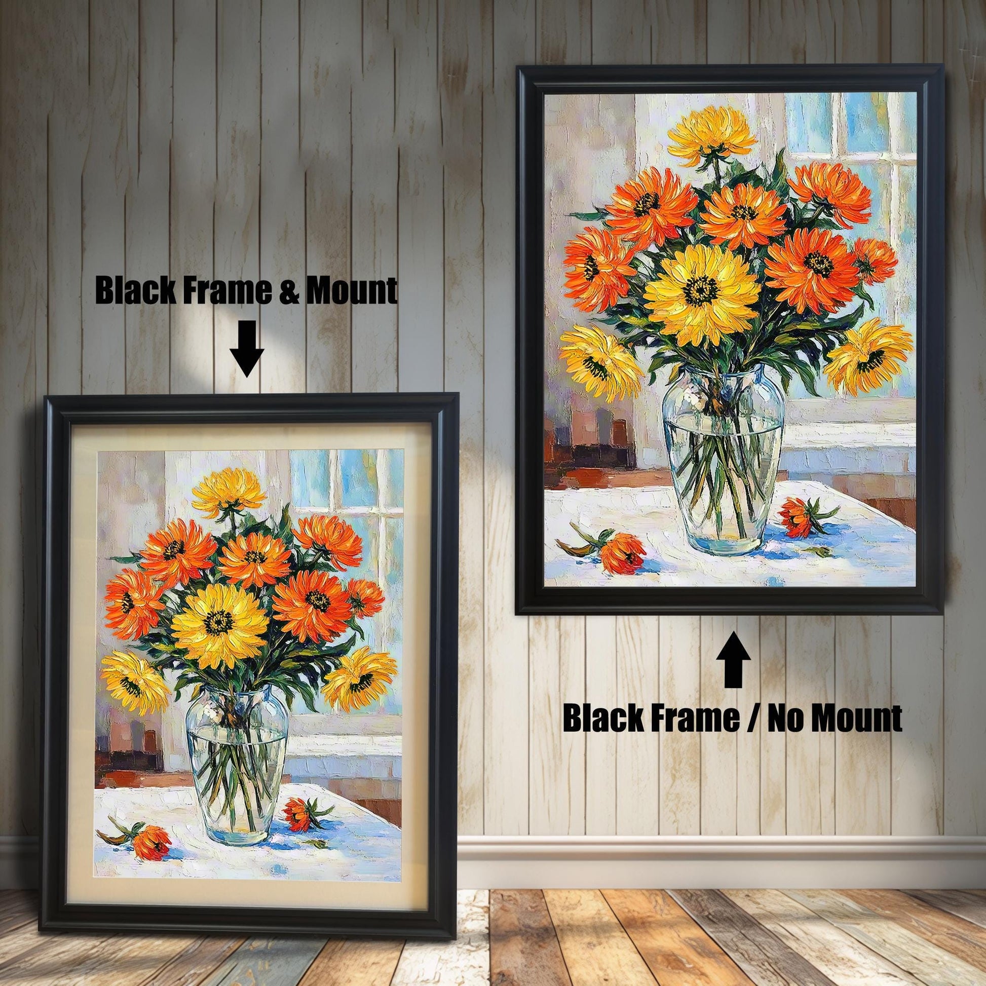 A side-by-side comparison of two framed flower prints. The one on the left has a black frame and a mat. The one on the right has a black frame with no mat.