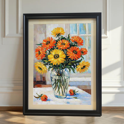 A framed, vertical print of a bouquet of orange and yellow flowers in a glass vase. It has a black frame with a mat and is leaning on a hardwood floor.