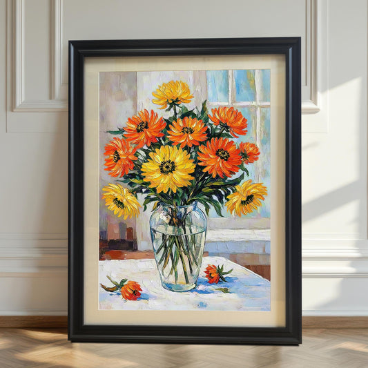 A framed, vertical print of a bouquet of orange and yellow flowers in a glass vase. It has a black frame with a mat and is leaning on a hardwood floor.