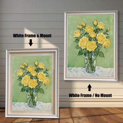 A white-framed art print of yellow roses is shown in two versions: one on the left with a mount (mat) and one on the right without a mount.
