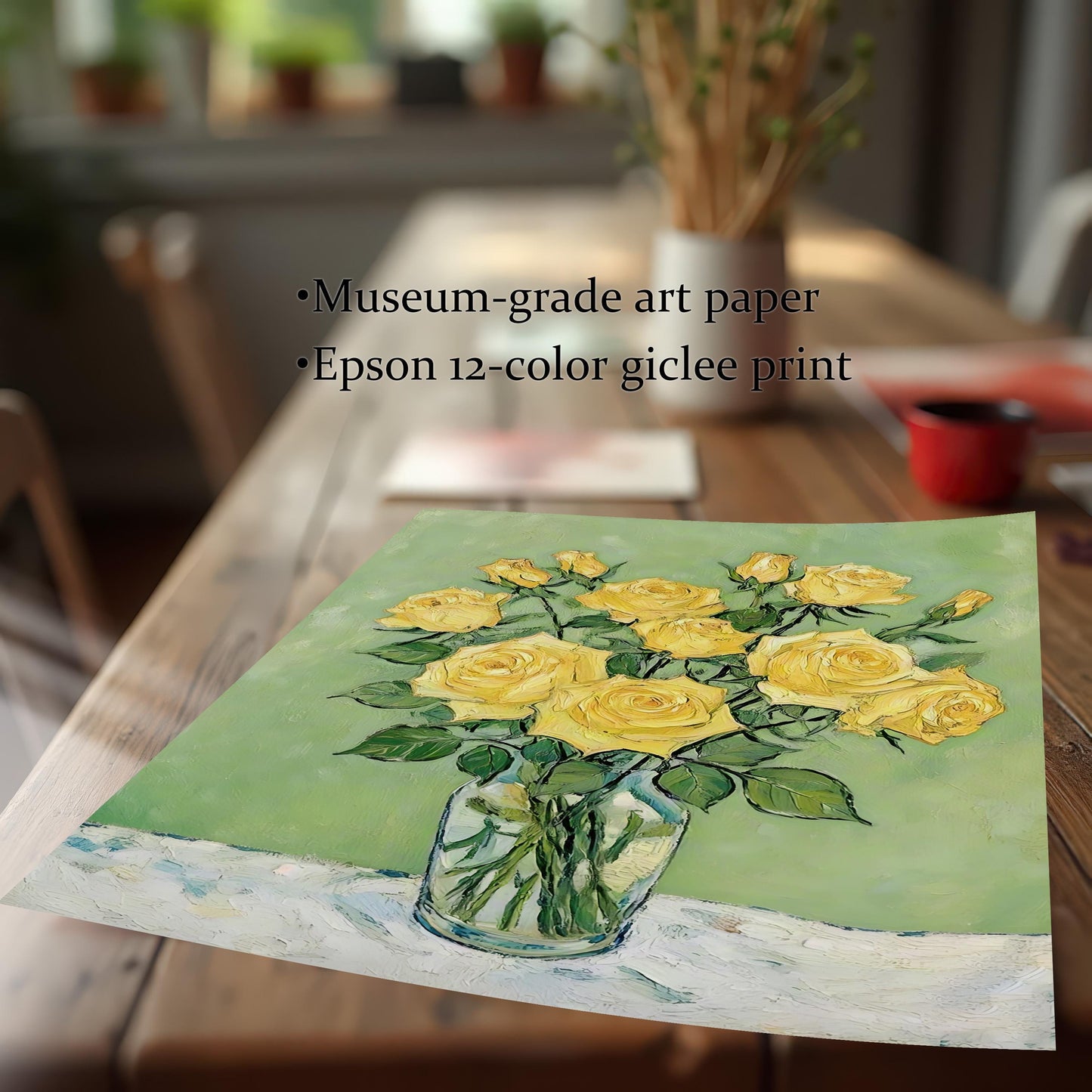 An unframed art print of yellow roses in a vase is on a light wood table. Text notes it is a "museum-grade" giclée print.